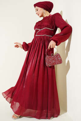 Bel Şerit Taşlı Büzgülü Abiye Elbise Bordo - BERAT TEKSTİL