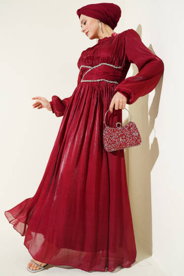 Bel Şerit Taşlı Büzgülü Abiye Elbise Bordo - Elbise