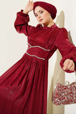 Bel Şerit Taşlı Büzgülü Abiye Elbise Bordo - Elbise