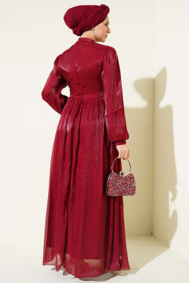 Bel Şerit Taşlı Büzgülü Abiye Elbise Bordo - Elbise