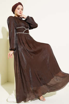 Bel Şerit Taşlı Büzgülü Abiye Elbise Kahve - BERAT TEKSTİL