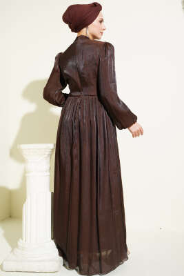 Bel Şerit Taşlı Büzgülü Abiye Elbise Kahve - Elbise