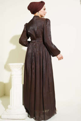 Bel Şerit Taşlı Büzgülü Abiye Elbise Kahve - Elbise