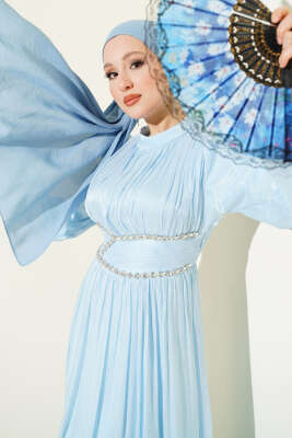 Bel Şerit Taşlı Büzgülü Abiye Elbise Mavi - BERAT TEKSTİL