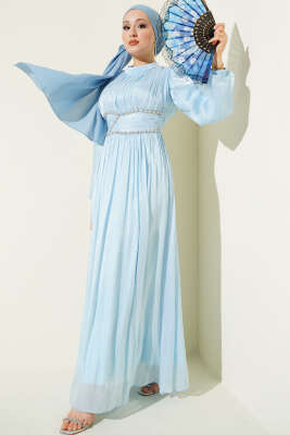 Bel Şerit Taşlı Büzgülü Abiye Elbise Mavi - Elbise