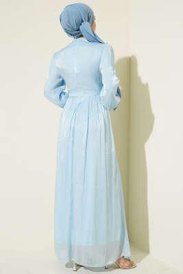Bel Şerit Taşlı Büzgülü Abiye Elbise Mavi - Elbise