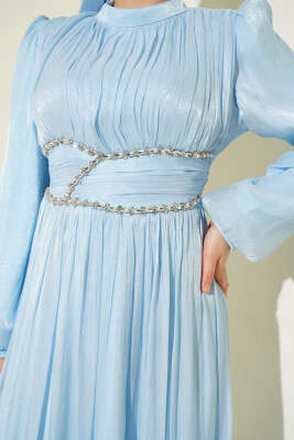 Bel Şerit Taşlı Büzgülü Abiye Elbise Mavi - Elbise