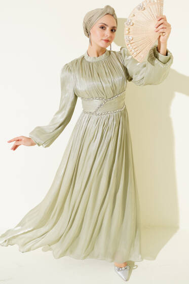 Bel Şerit Taşlı Büzgülü Abiye Elbise Mint - Elbise