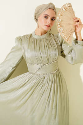 Bel Şerit Taşlı Büzgülü Abiye Elbise Mint - Elbise