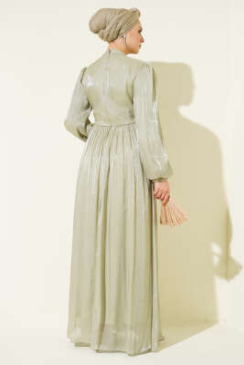 Bel Şerit Taşlı Büzgülü Abiye Elbise Mint - Elbise