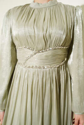 Bel Şerit Taşlı Büzgülü Abiye Elbise Mint - Elbise