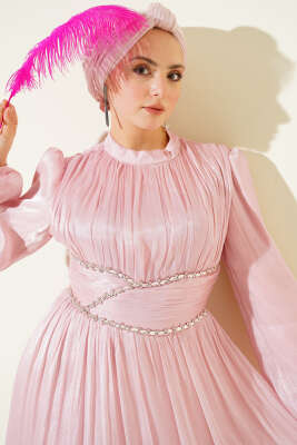 Bel Şerit Taşlı Büzgülü Abiye Elbise Pudra - BERAT TEKSTİL