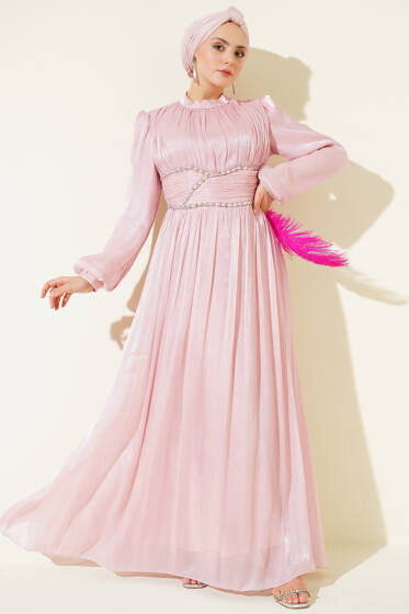 Bel Şerit Taşlı Büzgülü Abiye Elbise Pudra - Elbise
