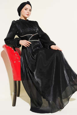 Bel Şerit Taşlı Büzgülü Abiye Elbise Siyah - BERAT TEKSTİL