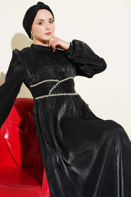 Bel Şerit Taşlı Büzgülü Abiye Elbise Siyah - Elbise