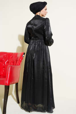 Bel Şerit Taşlı Büzgülü Abiye Elbise Siyah - Elbise