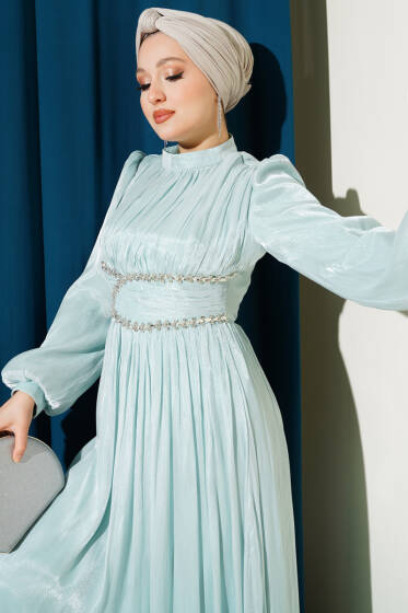Bel Şerit Taşlı Büzgülü Abiye Elbise Su Yeşili - Elbise