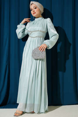 Bel Şerit Taşlı Büzgülü Abiye Elbise Su Yeşili - Elbise