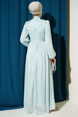 Bel Şerit Taşlı Büzgülü Abiye Elbise Su Yeşili - Elbise