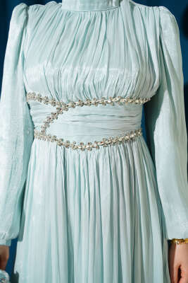 Bel Şerit Taşlı Büzgülü Abiye Elbise Su Yeşili - Elbise