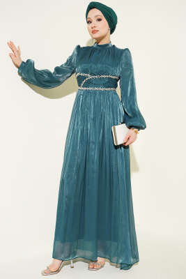 Bel Şerit Taşlı Büzgülü Abiye Elbise Zümrüt 