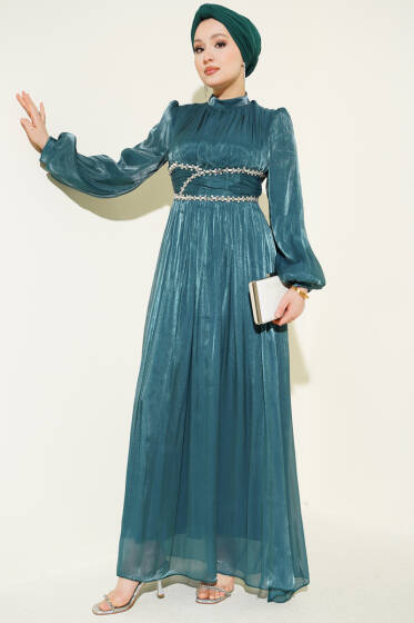 Bel Şerit Taşlı Büzgülü Abiye Elbise Zümrüt - Elbise