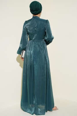 Bel Şerit Taşlı Büzgülü Abiye Elbise Zümrüt - Elbise