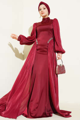 Bel Taşlı Pelerinli Abiye Elbise Bordo - CNR TEKSTİL