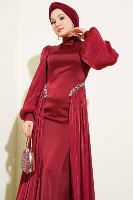 Bel Taşlı Pelerinli Abiye Elbise Bordo - Elbise