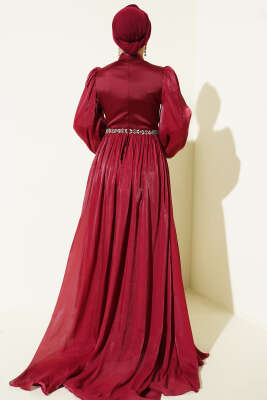 Bel Taşlı Pelerinli Abiye Elbise Bordo - Elbise