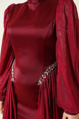 Bel Taşlı Pelerinli Abiye Elbise Bordo - Elbise