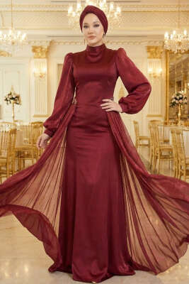 Bel Taşlı Pelerinli Abiye Elbise Bordo - Elbise