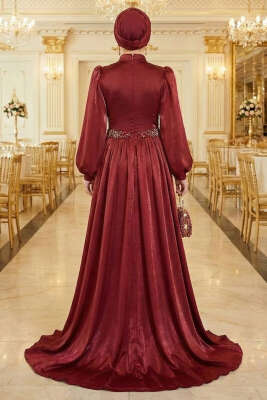 Bel Taşlı Pelerinli Abiye Elbise Bordo - Elbise