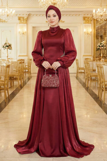 Bel Taşlı Pelerinli Abiye Elbise Bordo - Elbise