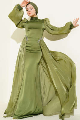 Bel Taşlı Pelerinli Abiye Elbise Haki - CNR TEKSTİL