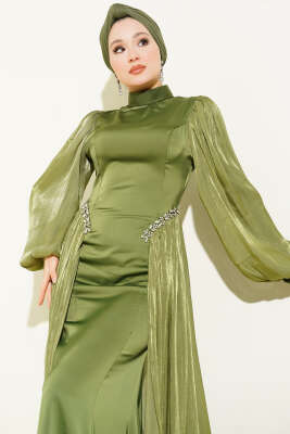 Bel Taşlı Pelerinli Abiye Elbise Haki - Elbise