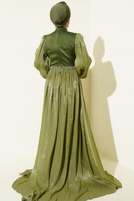 Bel Taşlı Pelerinli Abiye Elbise Haki - Elbise