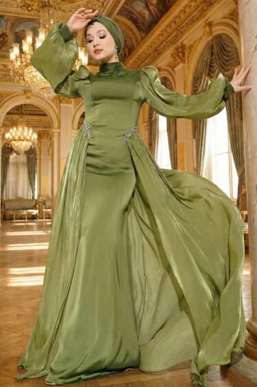 Bel Taşlı Pelerinli Abiye Elbise Haki - Elbise