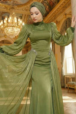 Bel Taşlı Pelerinli Abiye Elbise Haki - Elbise