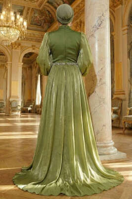 Bel Taşlı Pelerinli Abiye Elbise Haki - Elbise