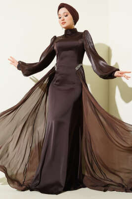 Bel Taşlı Pelerinli Abiye Elbise Kahve - CNR TEKSTİL