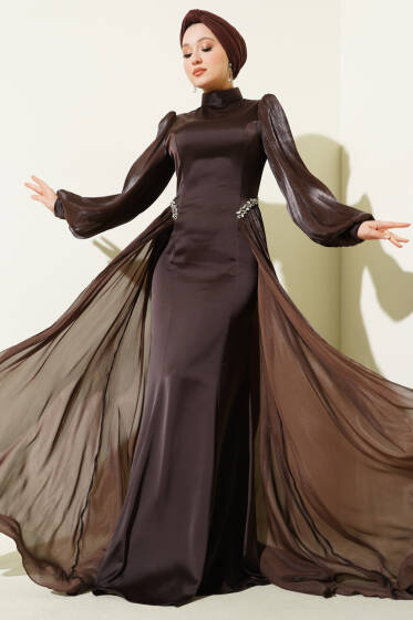 Bel Taşlı Pelerinli Abiye Elbise Kahve - Elbise