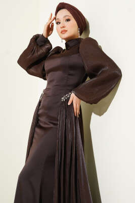 Bel Taşlı Pelerinli Abiye Elbise Kahve - Elbise