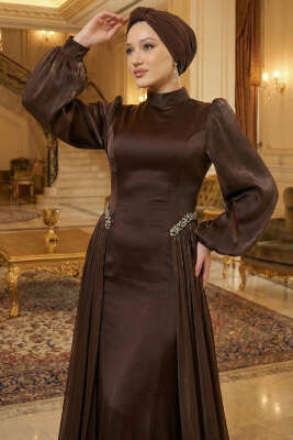 Bel Taşlı Pelerinli Abiye Elbise Kahve - Elbise