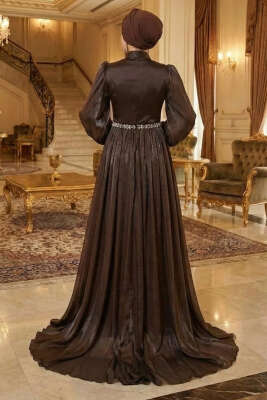 Bel Taşlı Pelerinli Abiye Elbise Kahve - Elbise