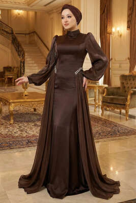 Bel Taşlı Pelerinli Abiye Elbise Kahve - CNR TEKSTİL