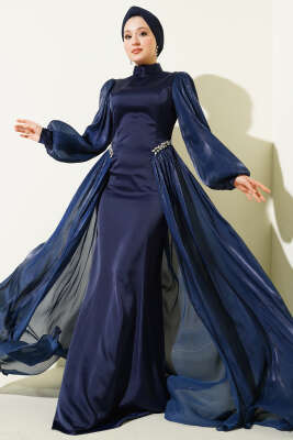 Bel Taşlı Pelerinli Abiye Elbise Lacivert - CNR TEKSTİL