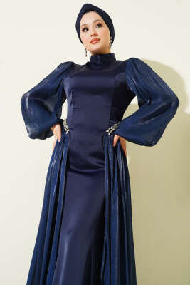 Bel Taşlı Pelerinli Abiye Elbise Lacivert - Elbise