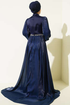 Bel Taşlı Pelerinli Abiye Elbise Lacivert - Elbise
