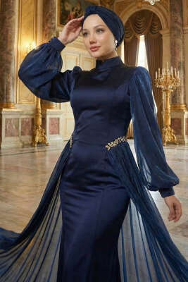 Bel Taşlı Pelerinli Abiye Elbise Lacivert - Elbise